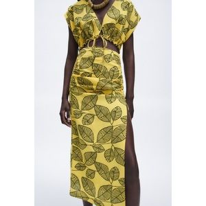 Zara Yellow Linen Blend Leaf Print Skirt & Crop Top Co-ord Set
